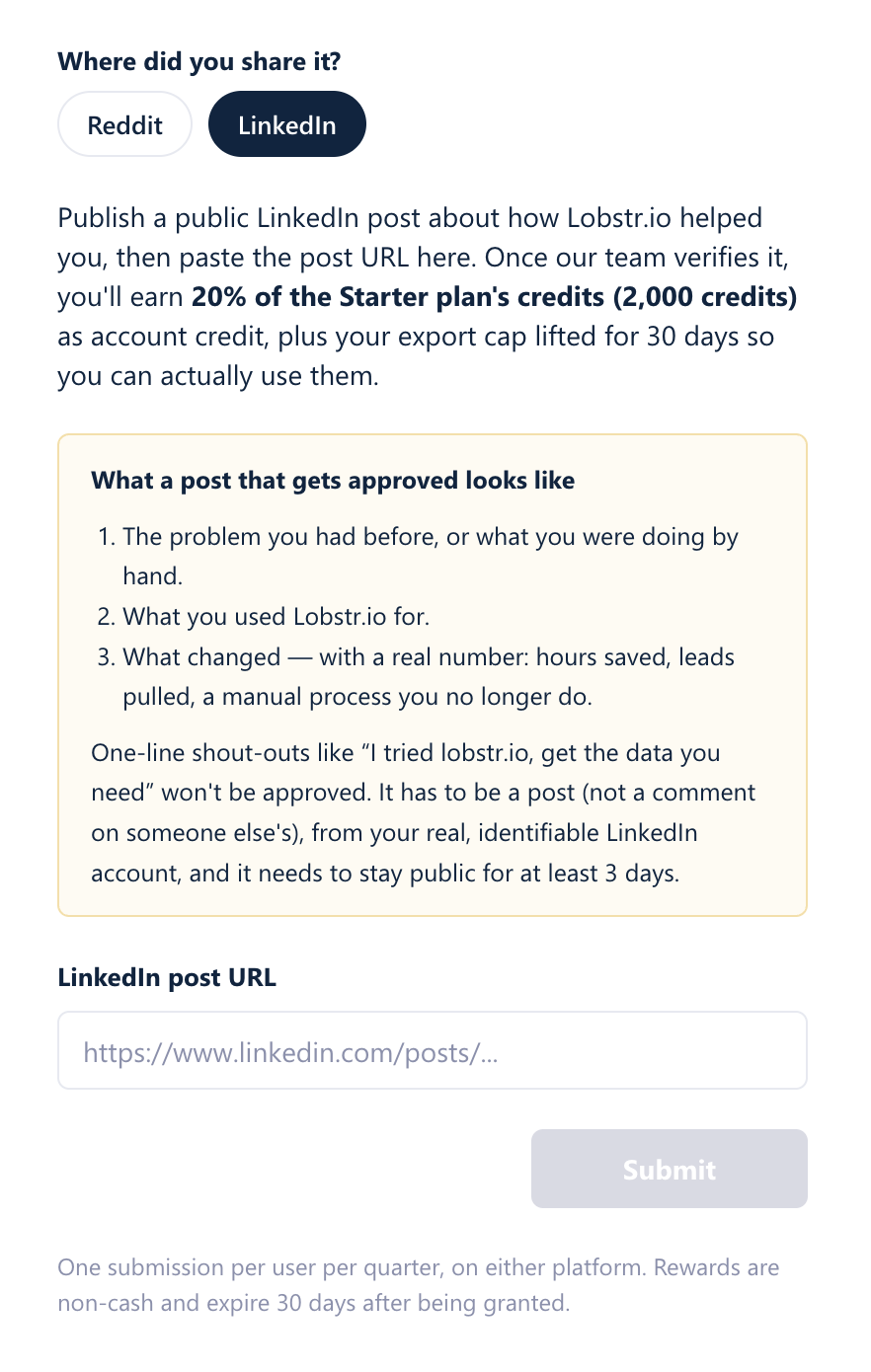The submission form with LinkedIn selected, showing the reward terms, what an approved post looks like, and the LinkedIn post URL field