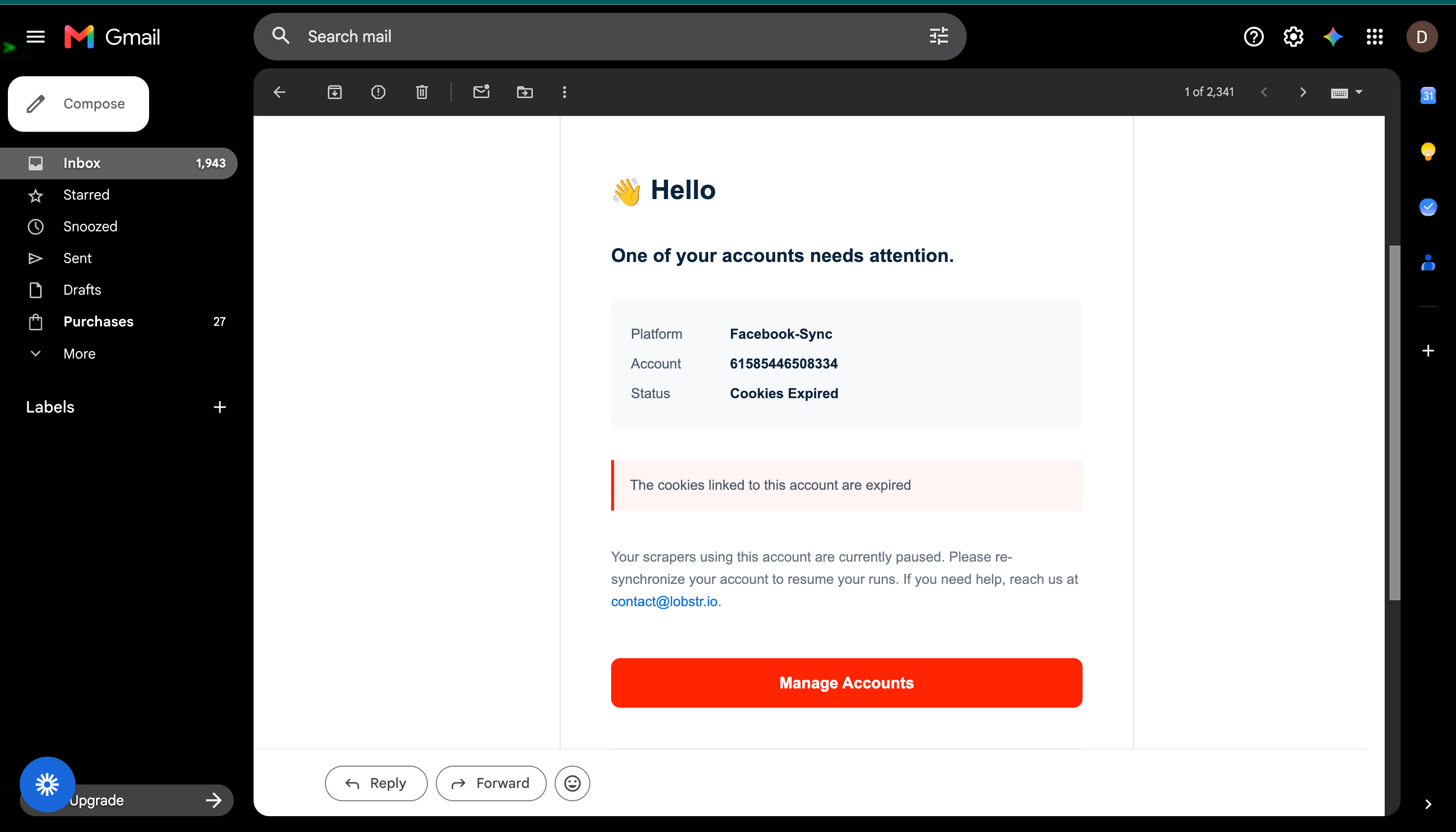 Cookies-expired email alert showing the platform, account, status, and a Manage Accounts button