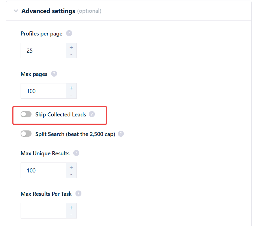 The Skip Collected Leads toggle in the Sales Navigator Leads Scraper settings, with its tooltip explaining it returns only new leads each run