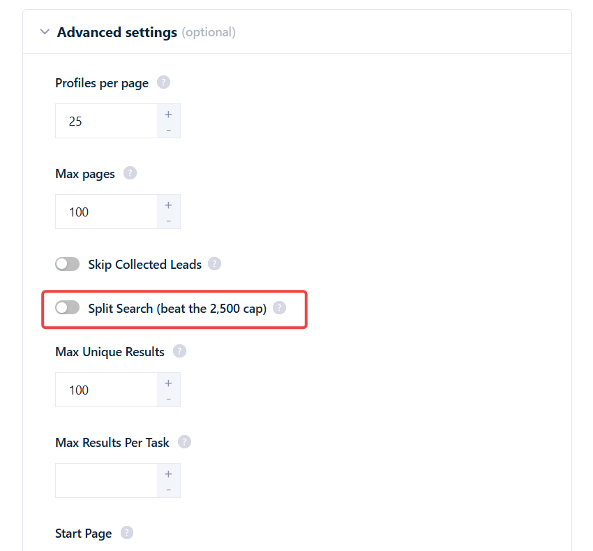 The Split Search (beat the 2,500 cap) toggle in the Sales Navigator Leads Scraper settings, with its tooltip explaining the facet sub-search behavior