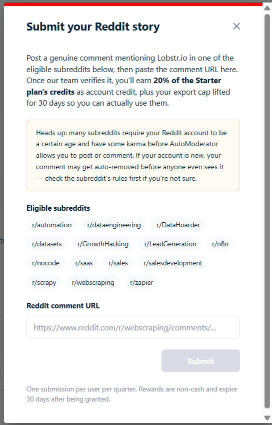 The Submit your Reddit story form showing the reward terms, the AutoModerator warning, the eligible subreddit list, and the Reddit comment URL field