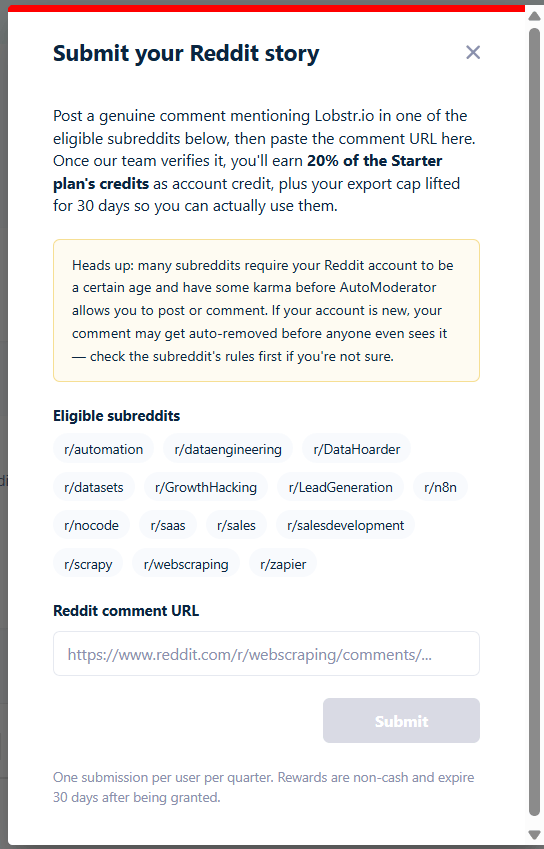 The Submit your Reddit story form showing the reward terms, the AutoModerator warning, the eligible subreddit list, and the Reddit comment URL field