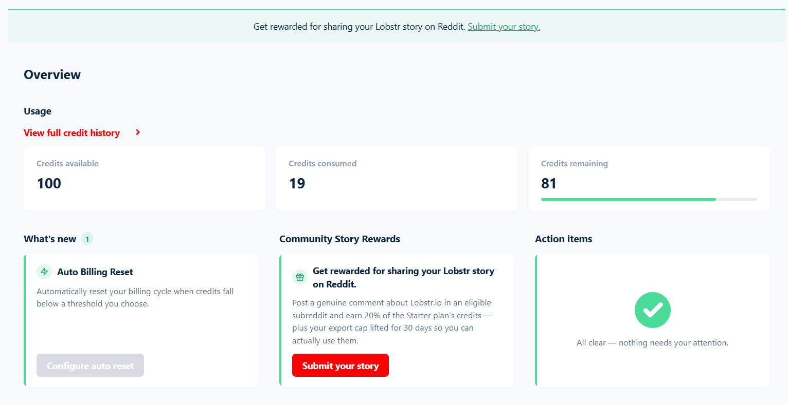 The Overview page with the Community Story Rewards banner at the top and the Submit your story card in the middle column
