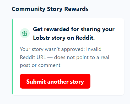 The Community Story Rewards card showing a rejected submission with the reason and a Submit another story button