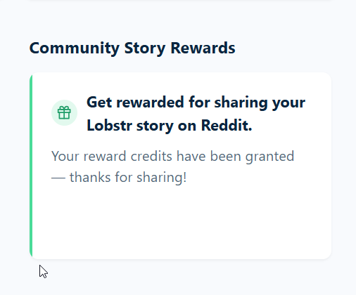 The Community Story Rewards card confirming that reward credits have been granted