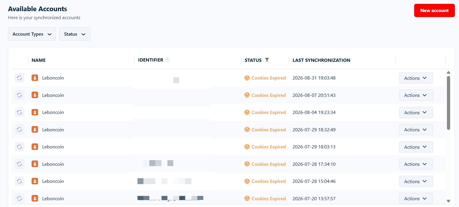 The Accounts page filtered to Leboncoin, listing several accounts all showing the status Cookies Expired alongside their last-synchronization dates.