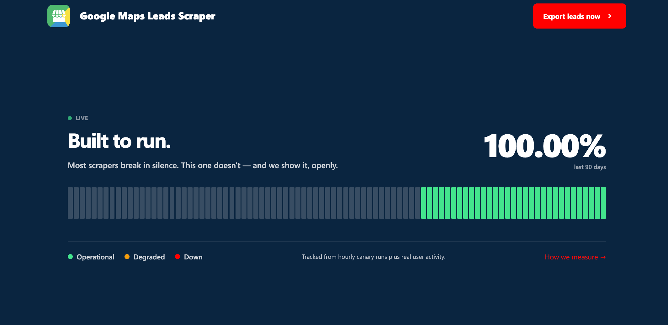 The scraper status block on a lobstr.io store page — the Built to run. headline, the 90-day uptime percentage, and the daily timeline