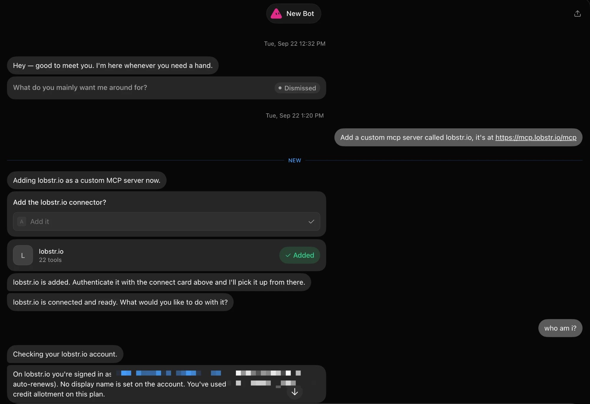 Grok Bot adding lobstr.io as a custom MCP server and confirming the connected account