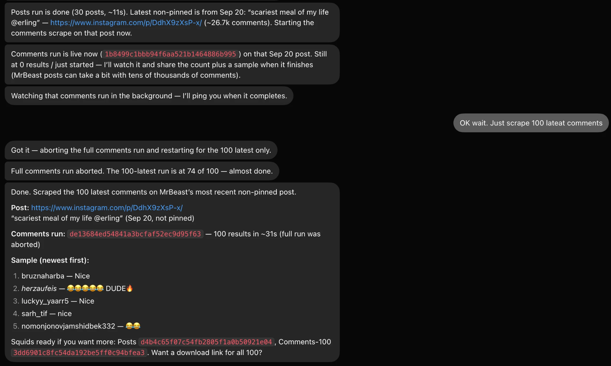 Grok Bot returning the 100 latest comments from the post