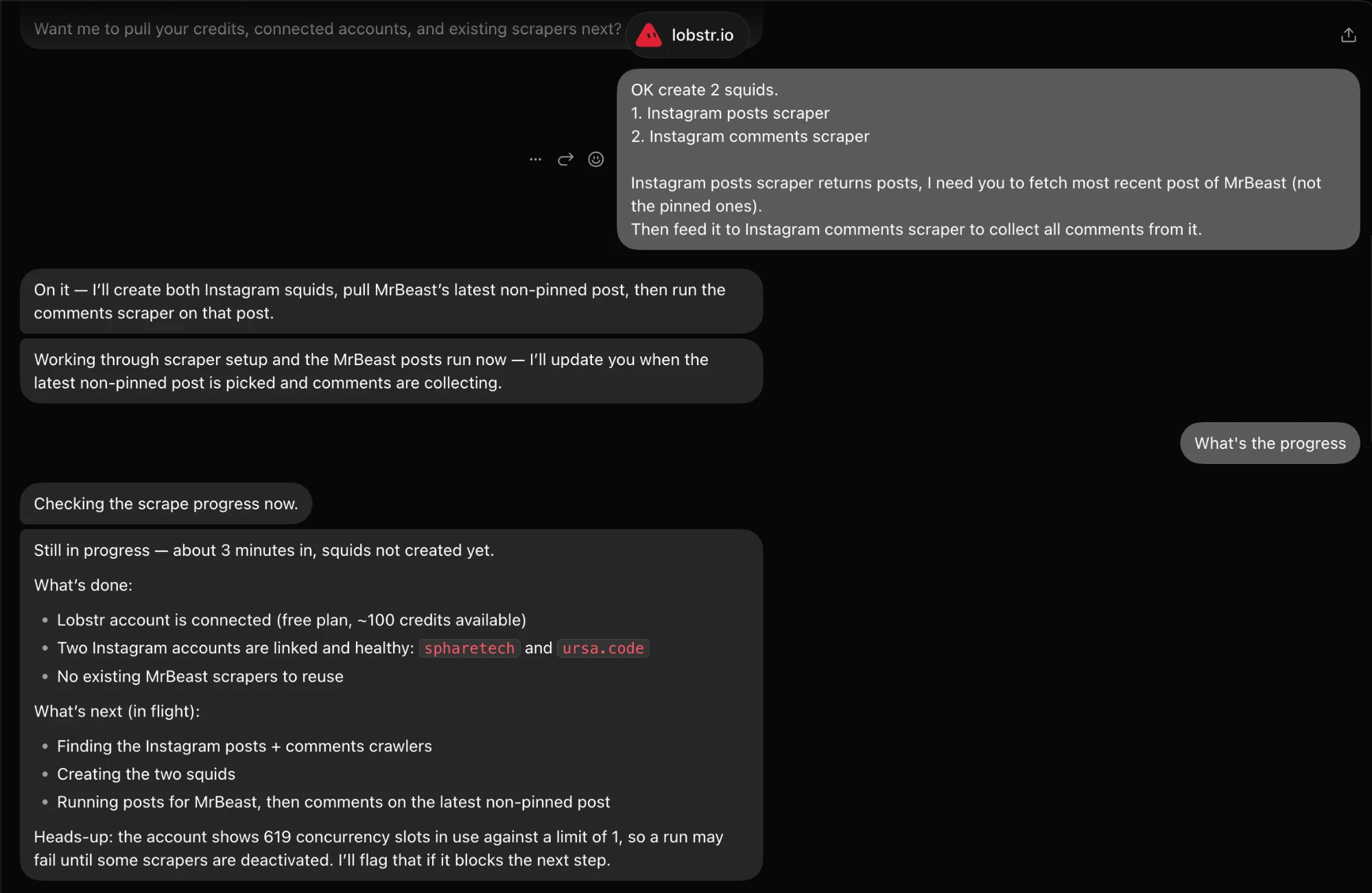 Grok Bot creating two Instagram Squids and reporting its progress