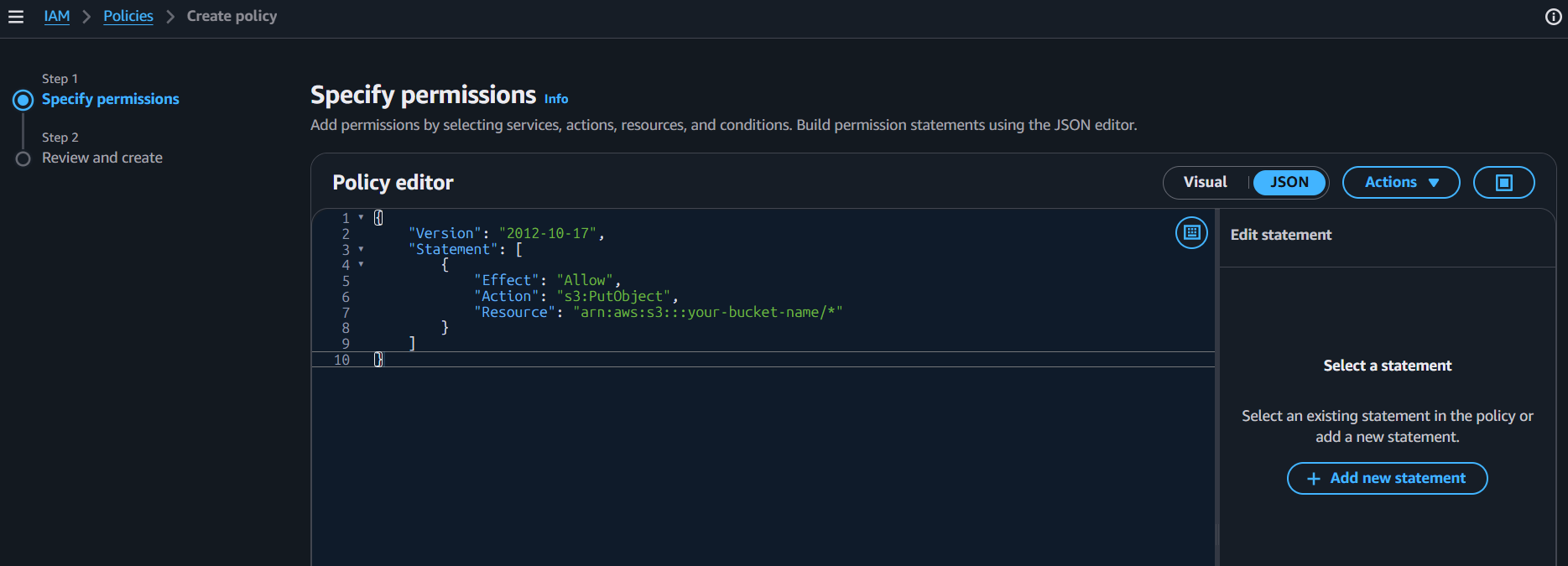 Paste the S3 PutObject policy into the IAM JSON policy editor
