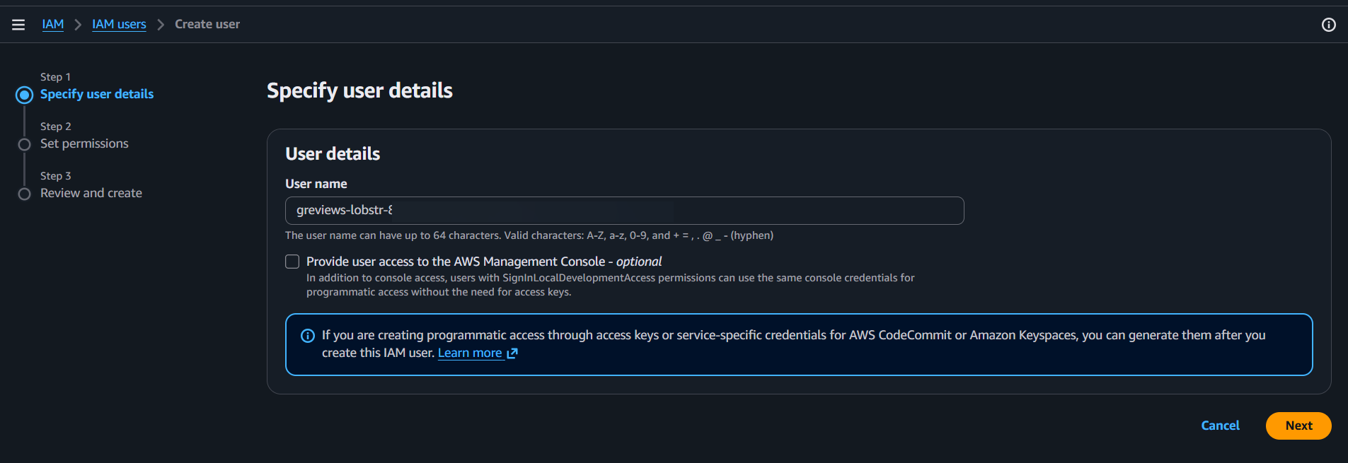 Create an IAM user without AWS Management Console access