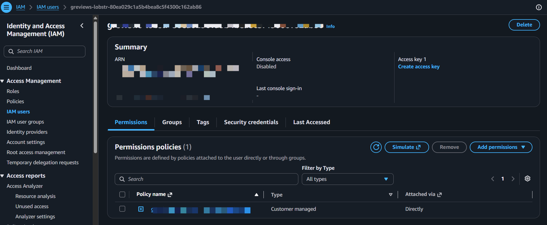 Create access key from the IAM user summary panel