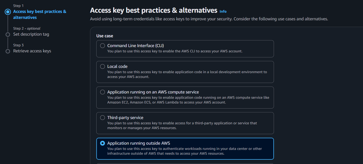 Select Application running outside AWS as the access key use case