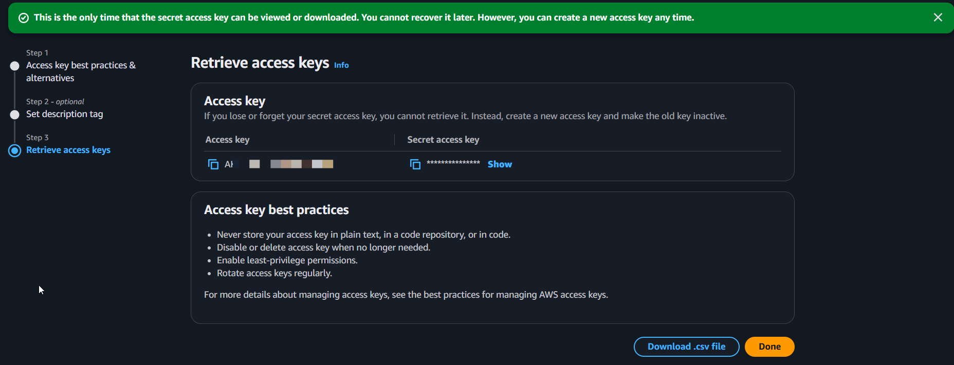 Retrieve the access key and secret access key on the final screen