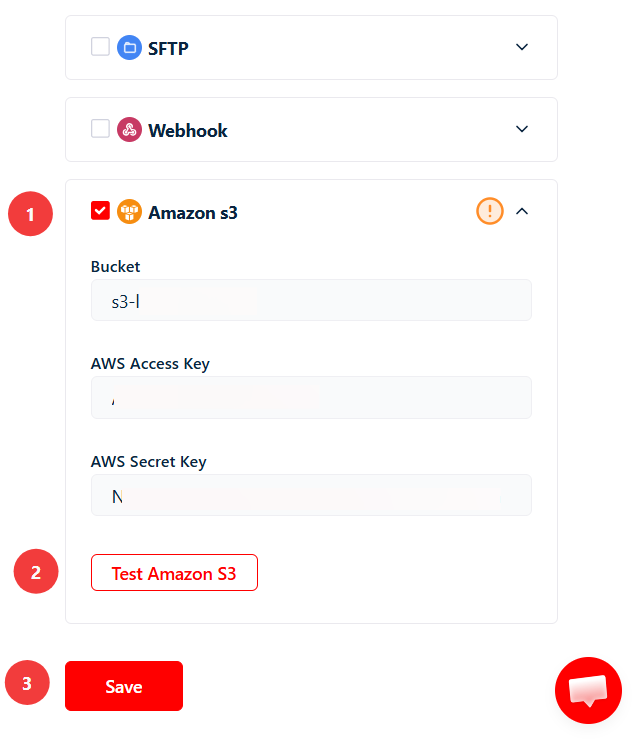 Fill in the bucket, AWS access key, and AWS secret key in the Amazon S3 delivery settings