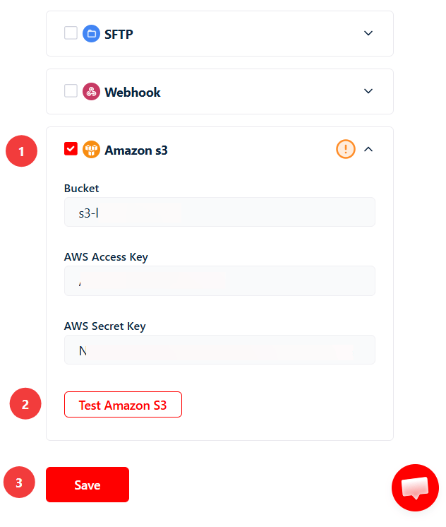 Fill in the bucket, AWS access key, and AWS secret key in the Amazon S3 delivery settings