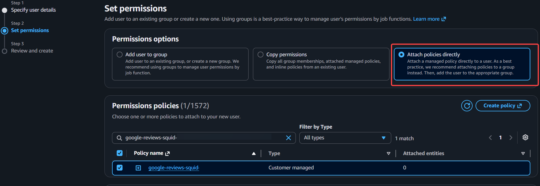 Attach the lobstr-delivery-write policy directly to the new IAM user