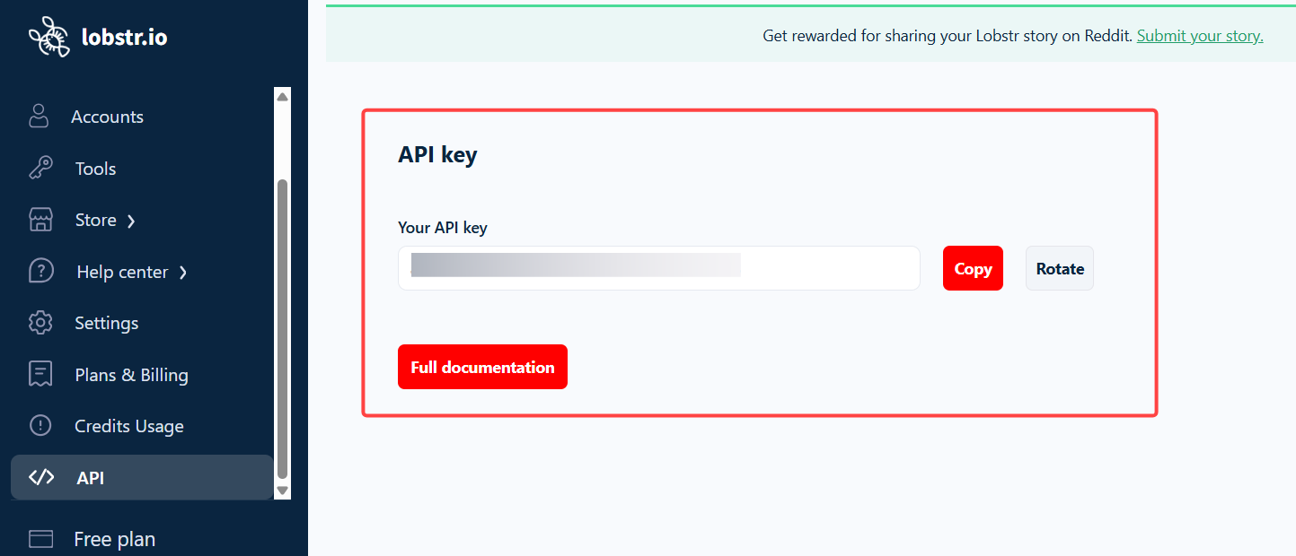Copy your lobstr.io API key from the API menu in the dashboard