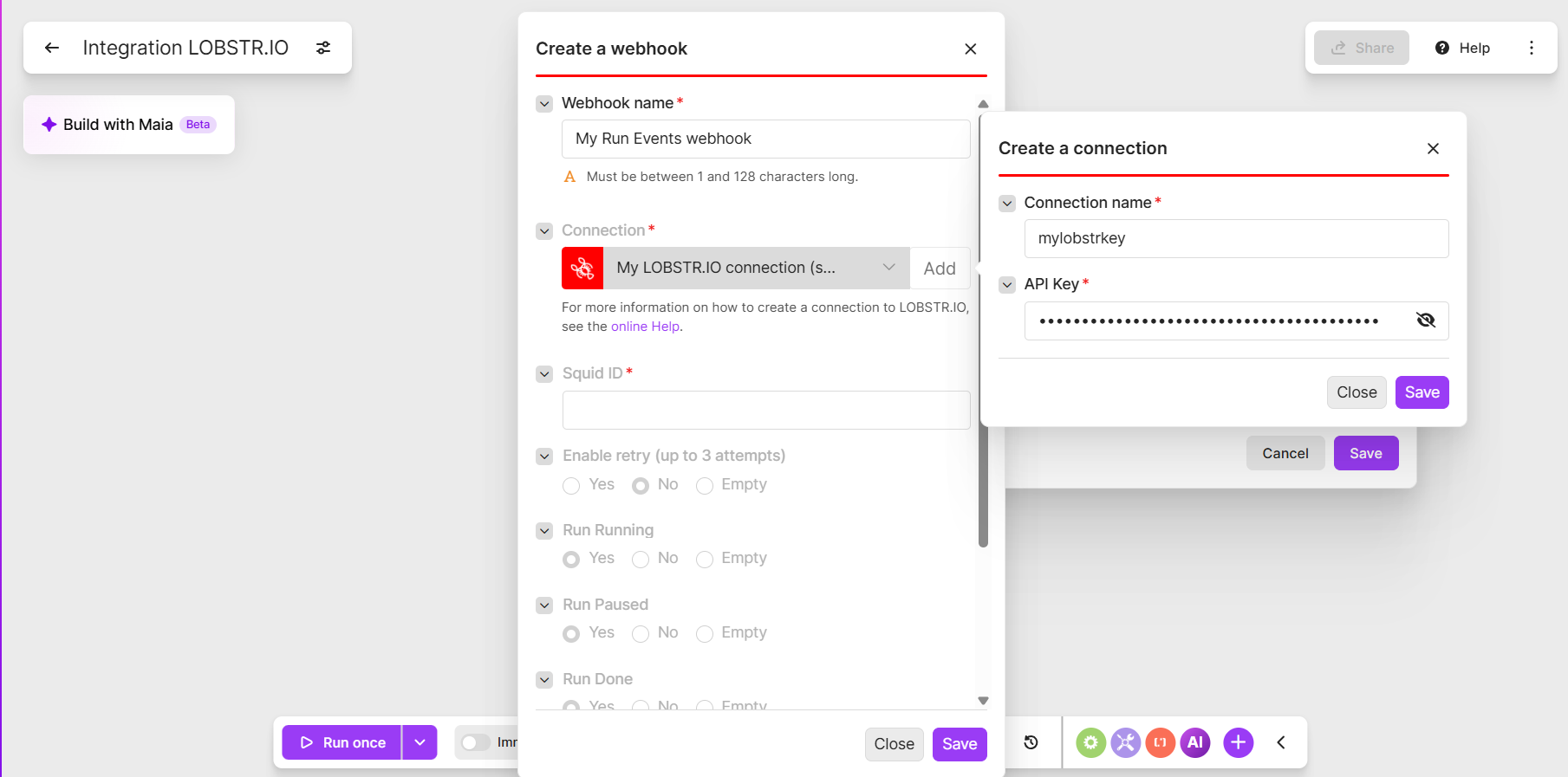 Create a LOBSTR.IO connection in Make by pasting your API key