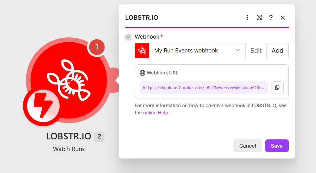 The Watch Runs module showing the generated Make webhook URL with a copy button