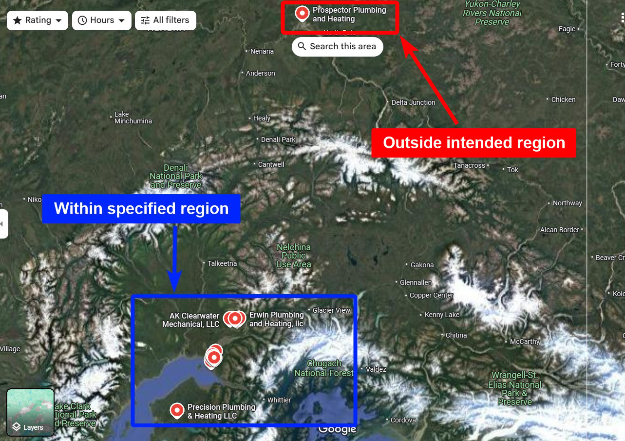Google Maps results from outside the intended region