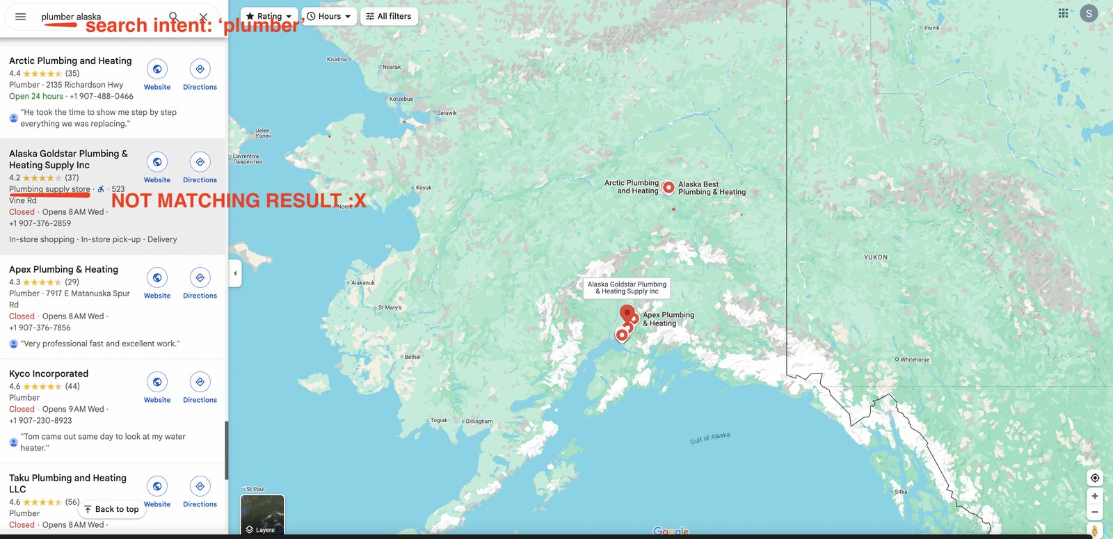 Google Maps result not matching the search intent