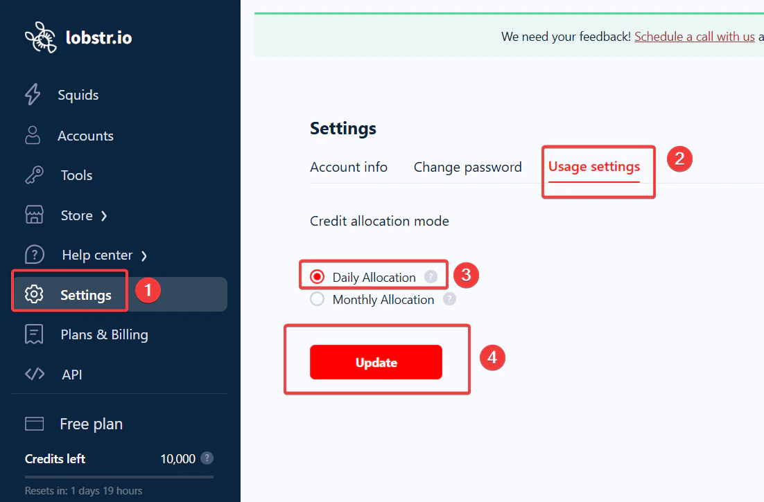 Switch between Daily and Monthly allocation in Usage settings
