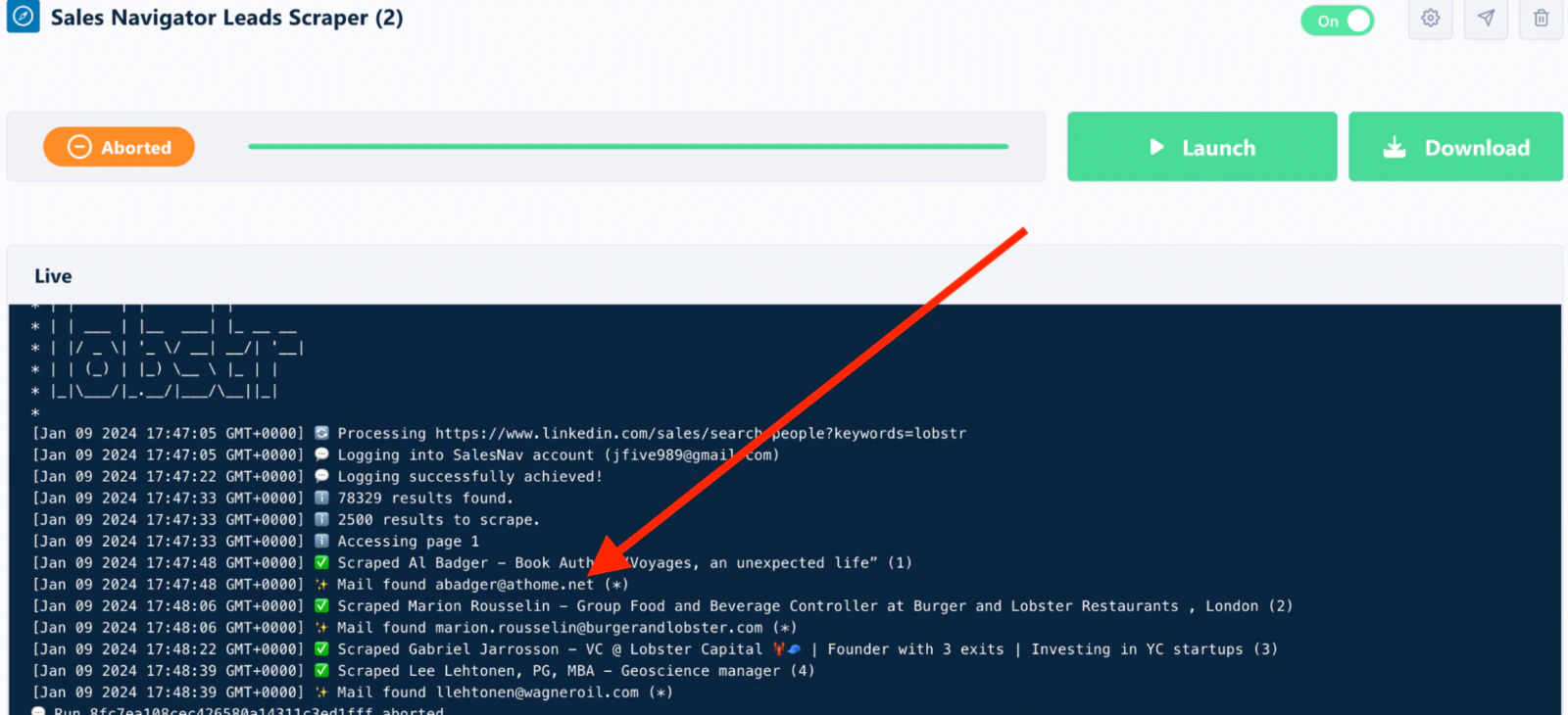 lobstr.io console with email enrichment
