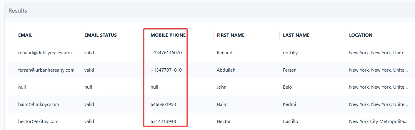 Phone number enrichment output