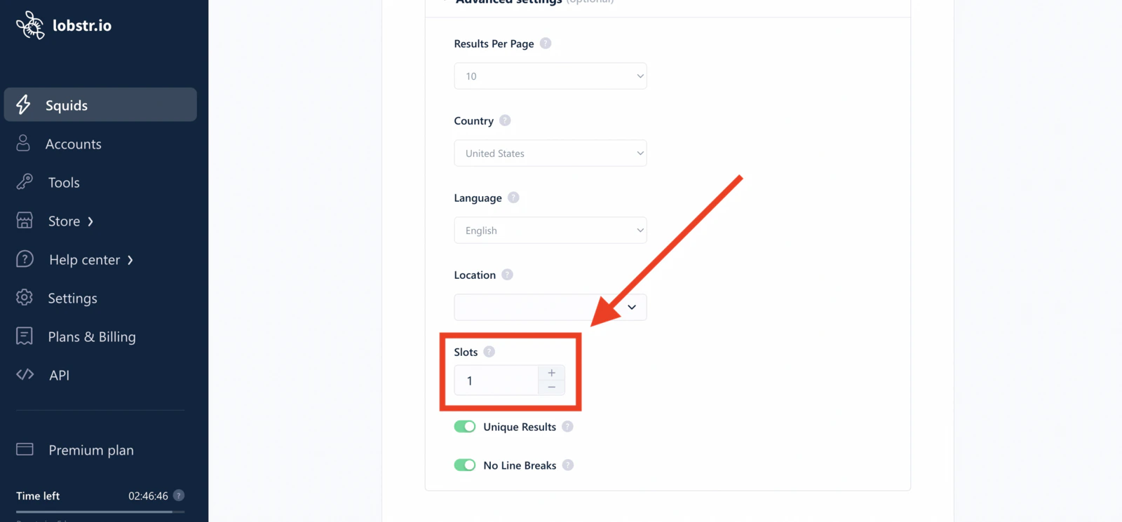 Slots setting inside a Squid's Settings panel