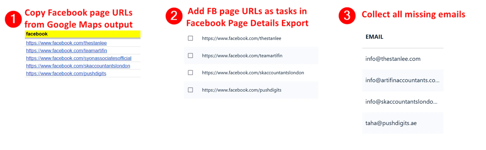 Collect missing emails from Facebook pages