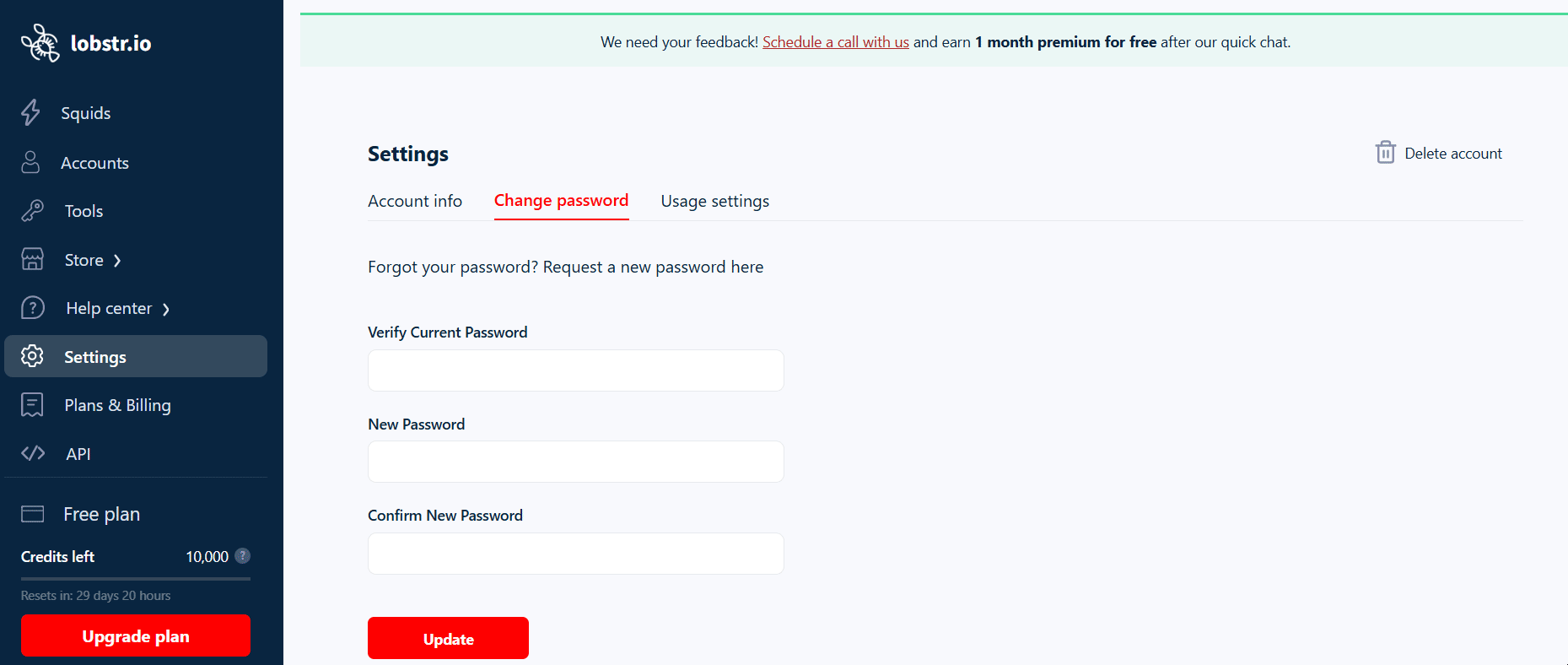 Delete your lobstr.io account from Settings