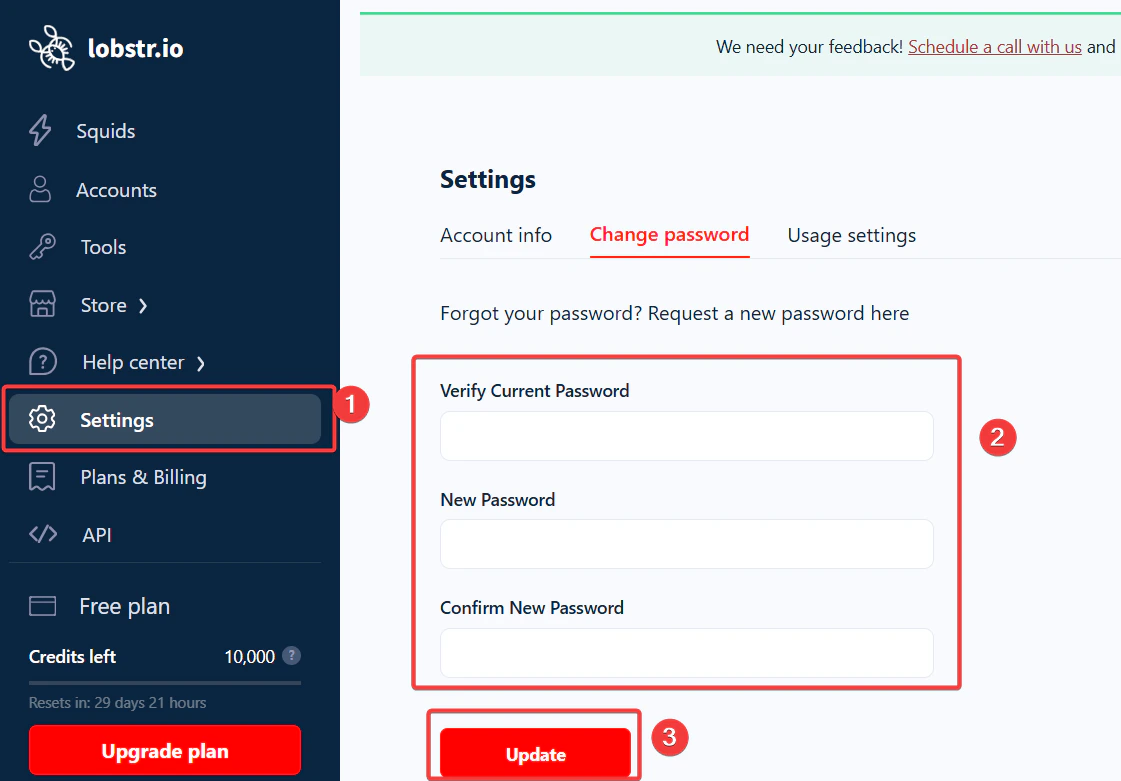 Change password from Settings