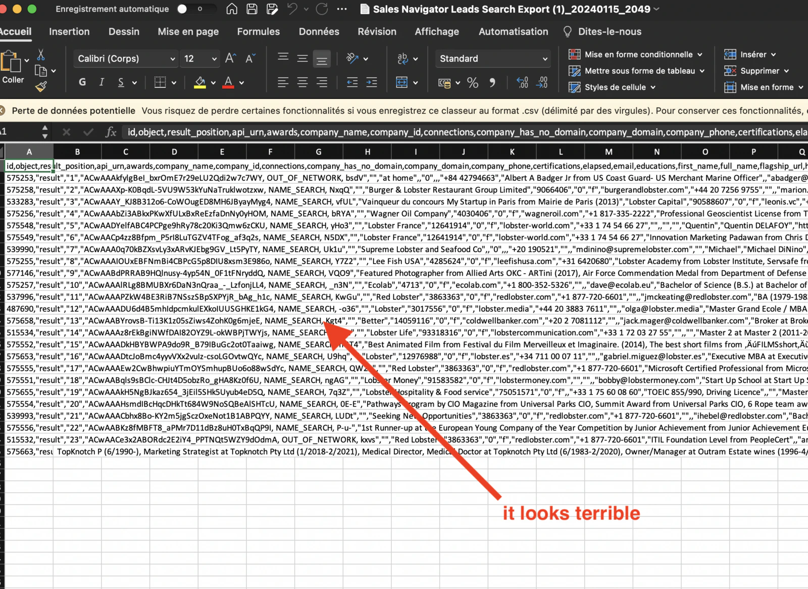 A CSV file opened with Excel looking terrible