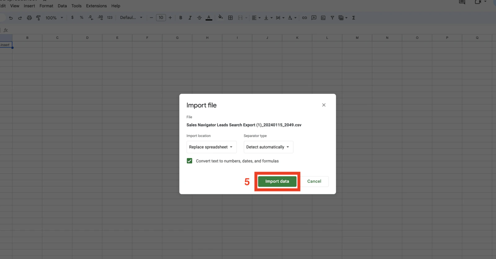 Click Import data