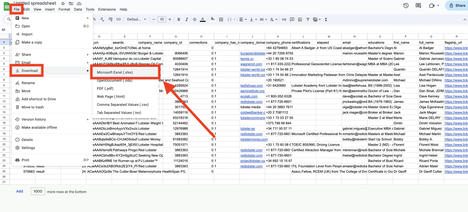 Click File > Download > Microsoft Excel