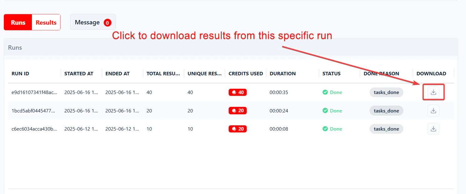 Download results for an individual run from the Runs table