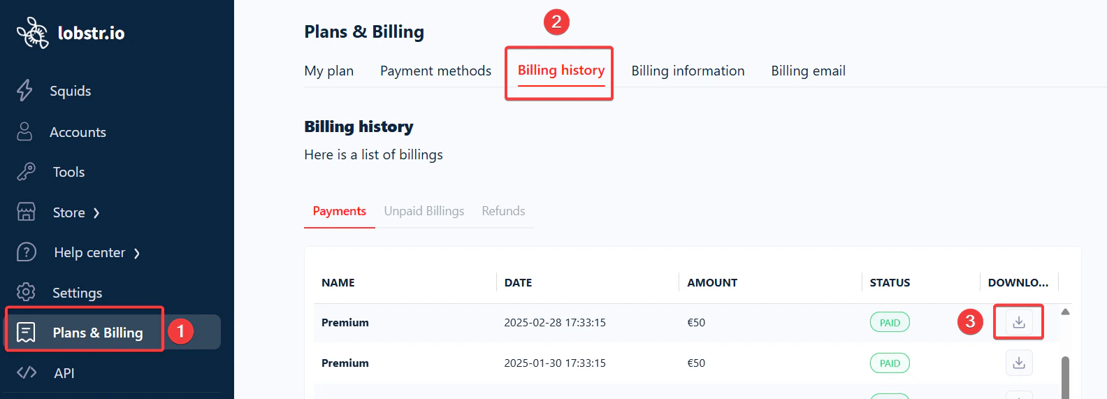 Download invoices from Billing History