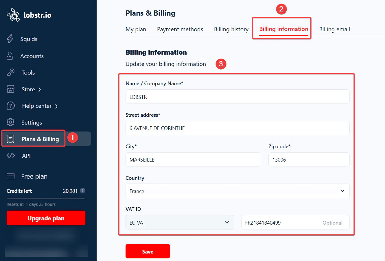 Update billing information in lobstr.io