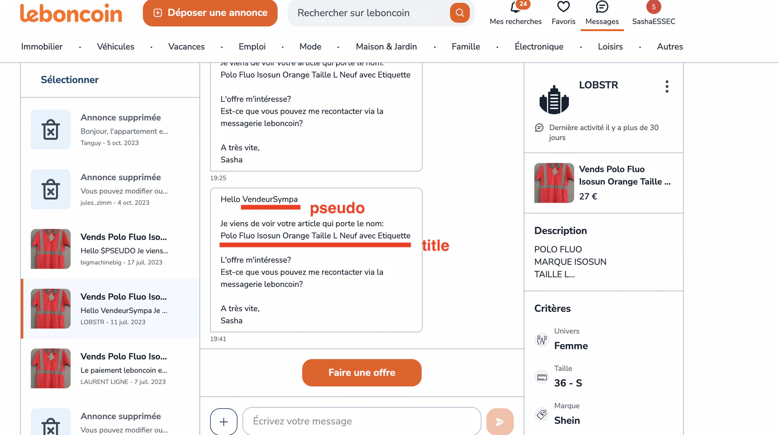 Personalized message inside Leboncoin