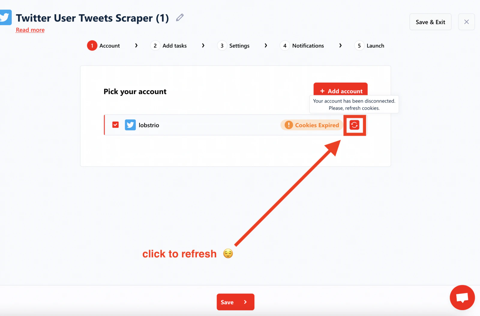 Click the refresh icon next to the account name