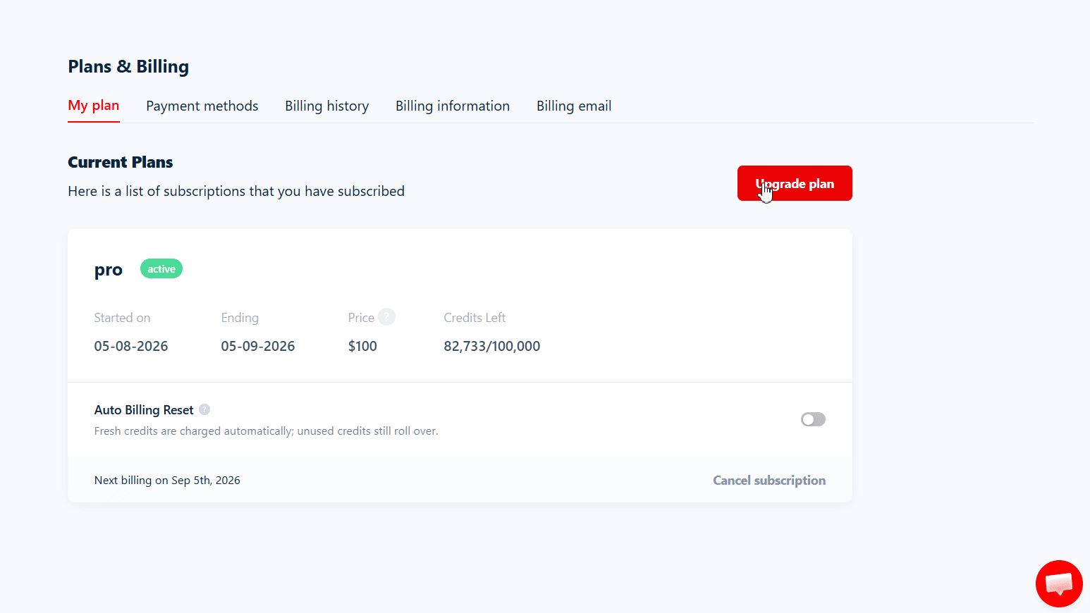 Renewing the current plan from Plans and Billing, then confirming the Reset Billing Cycle window