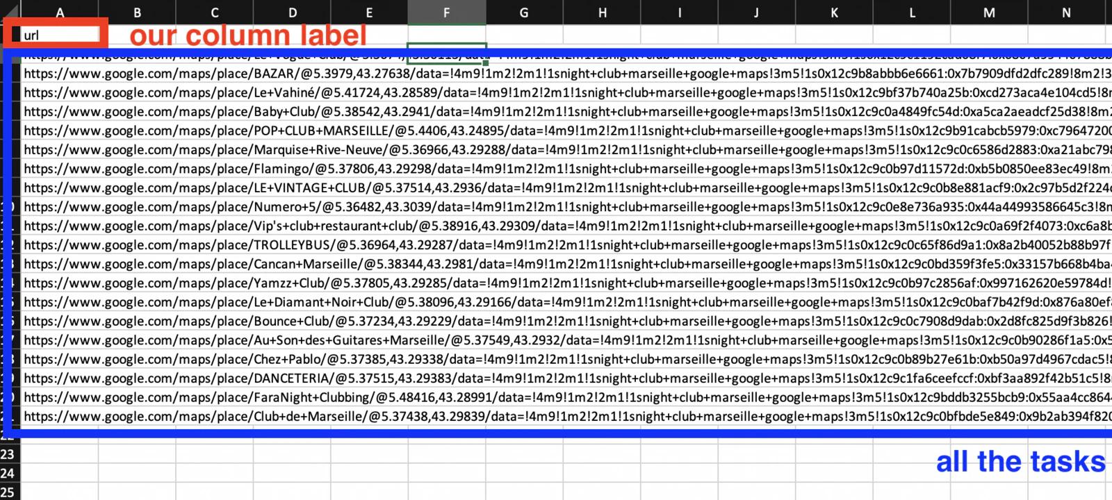 Build your CSV file with the label as header and tasks below