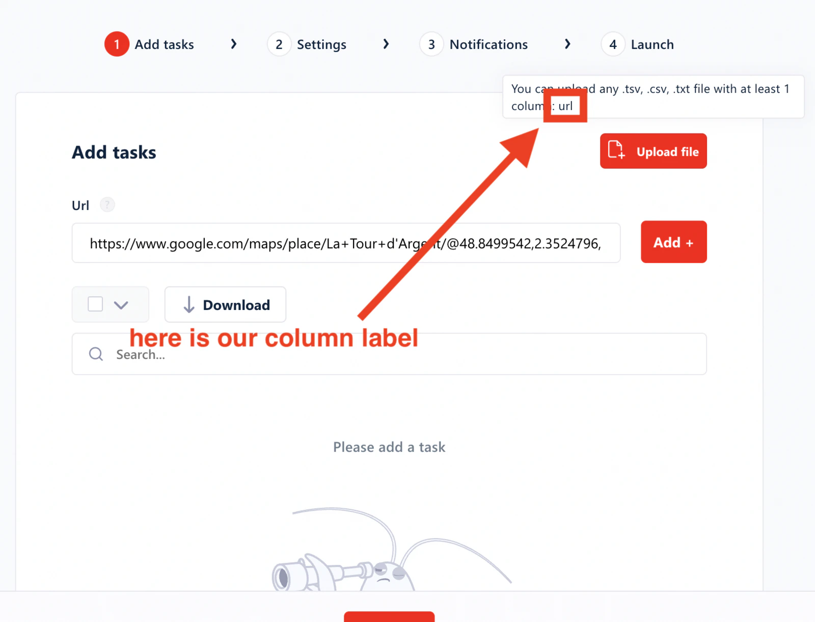 Hover over Upload file to identify the column label