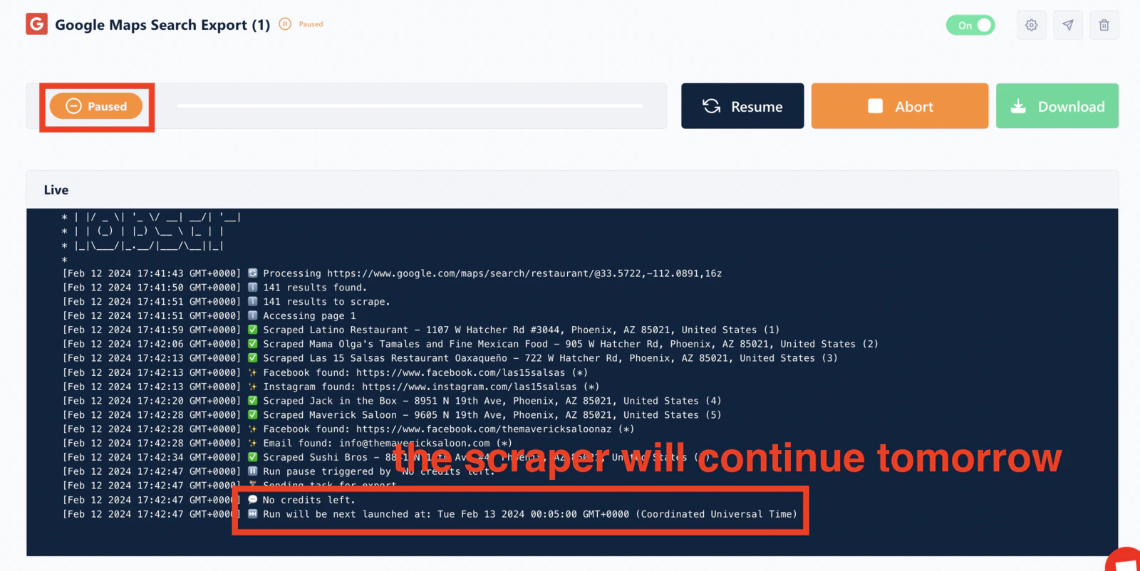 Scraper pauses and resumes next day