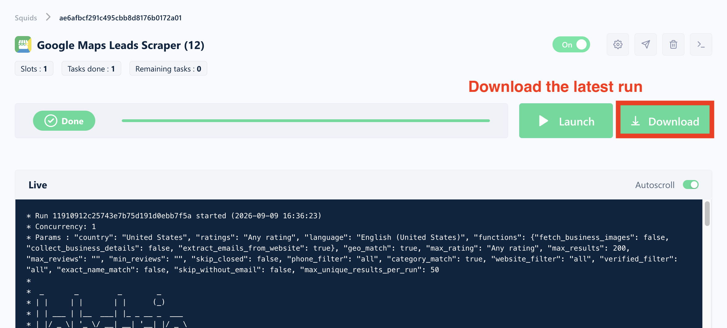 Download the latest run's results with the green Download button