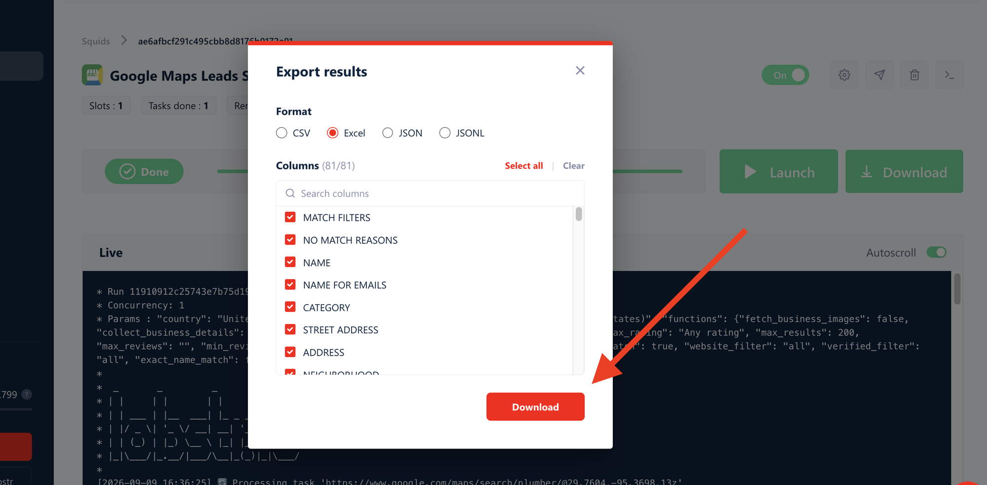 Export results dialog with format selection and column picker