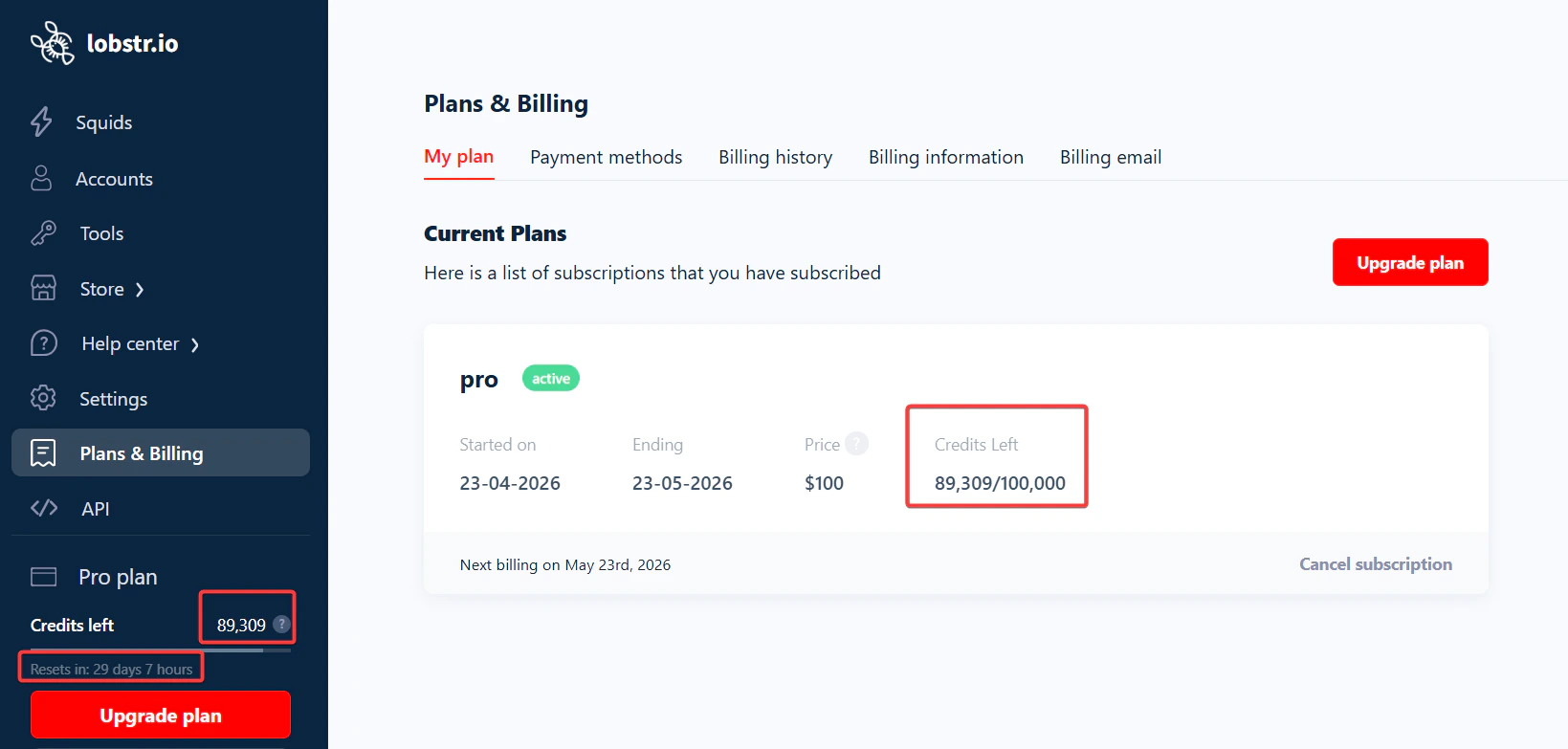 Credits left counter and resets-in timer in the lobstr.io sidebar