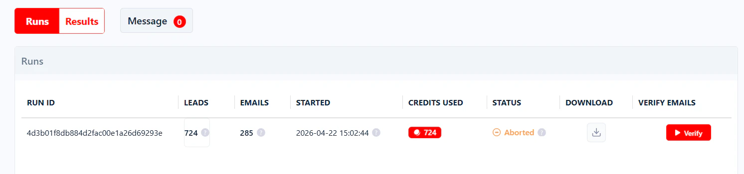 Aborted run shown in the Runs table with download still available